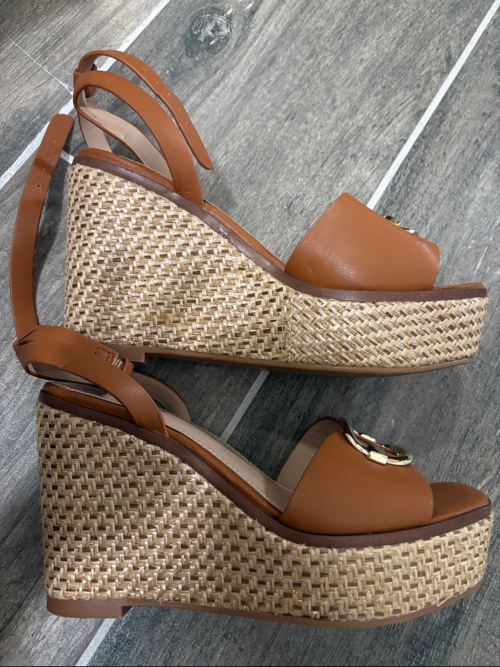 Aldo Cognac Wedge Espadrille Sandals with Gold Accent